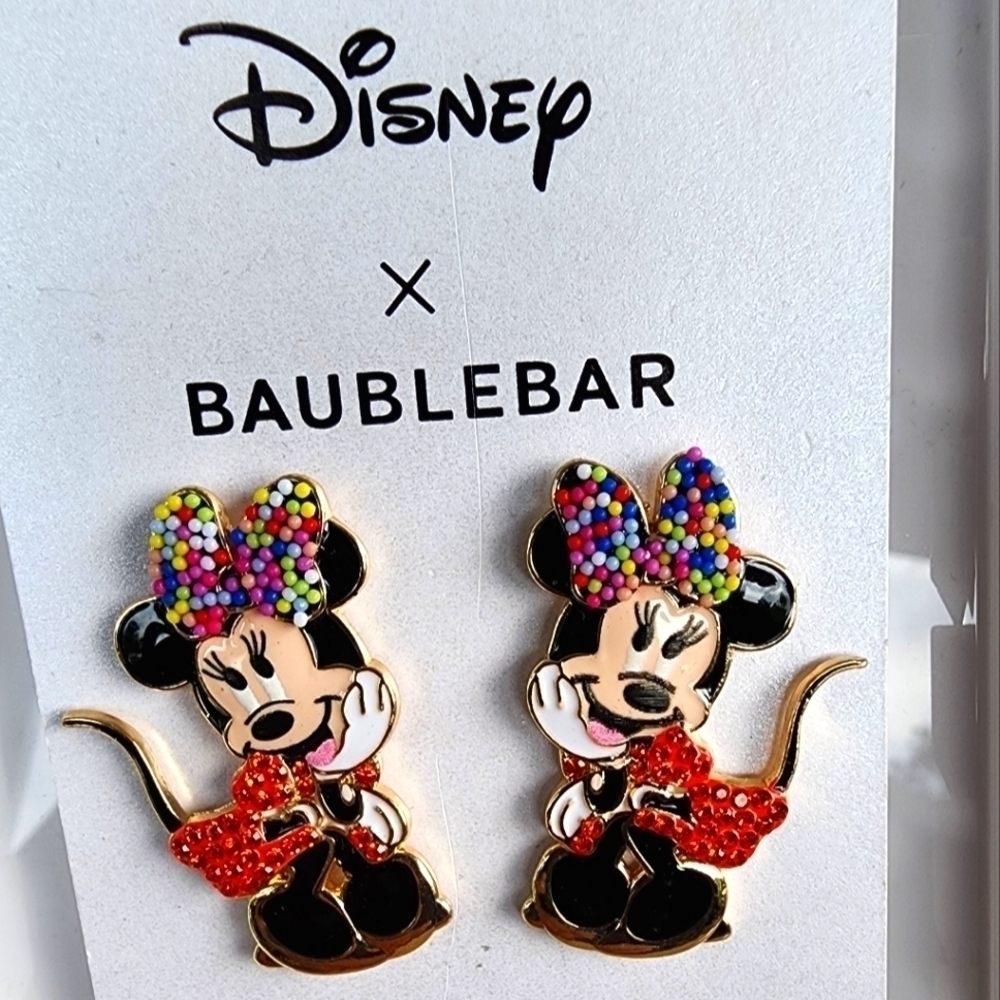 NEW large Baublebar & Disney Earrings Minnie Mouse with rainbow bow & red dress